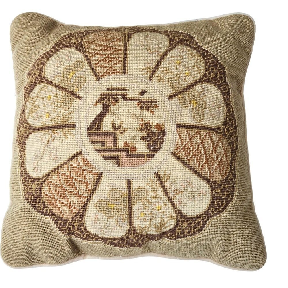 Vintage 90s Loie 13"x13" 100% Wool Needlepoint Pillow Garden Flower Birds